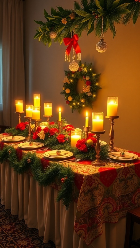 Christmas Buffet Table Decoration Ideas A festive Christmas buffet table decorated with greenery, candles, ornaments, and seasonal flowers.